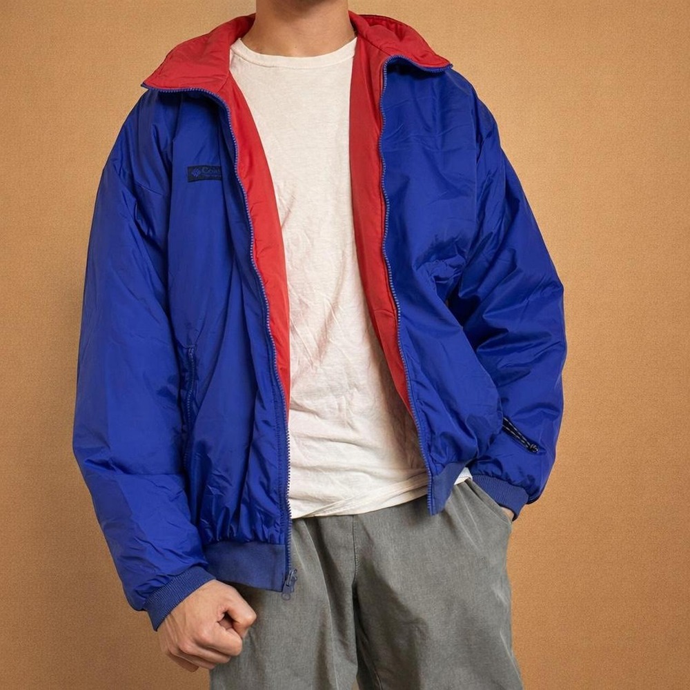 Columbia Vtg Jacket Men Sz L Red Blue Reversible Puffer Bomber Mock Neck FullZip